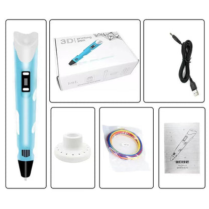 3D Printing Pen with Display - Includes 3D Pen, 3 Starter Colors of PLA Filament, Stencil Book + Project Guide, and Power adapter