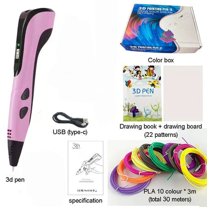 3D Printing Pen with Display - Includes 3D Pen, 3 Starter Colors of PLA Filament, Stencil Book + Project Guide, and Power adapter