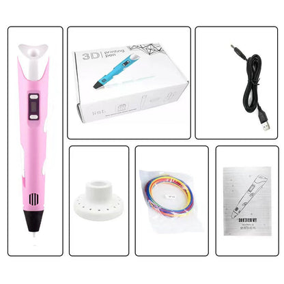 3D Printing Pen with Display - Includes 3D Pen, 3 Starter Colors of PLA Filament, Stencil Book + Project Guide, and Power adapter