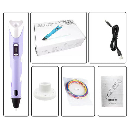 3D Printing Pen with Display - Includes 3D Pen, 3 Starter Colors of PLA Filament, Stencil Book + Project Guide, and Power adapter